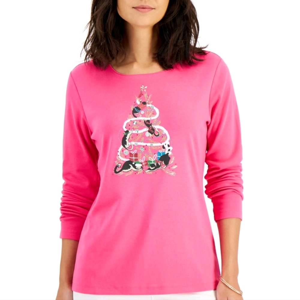 Karen Scott Climbing Kitties Holiday Top Pink Size Medium Christmas Tree Cat
